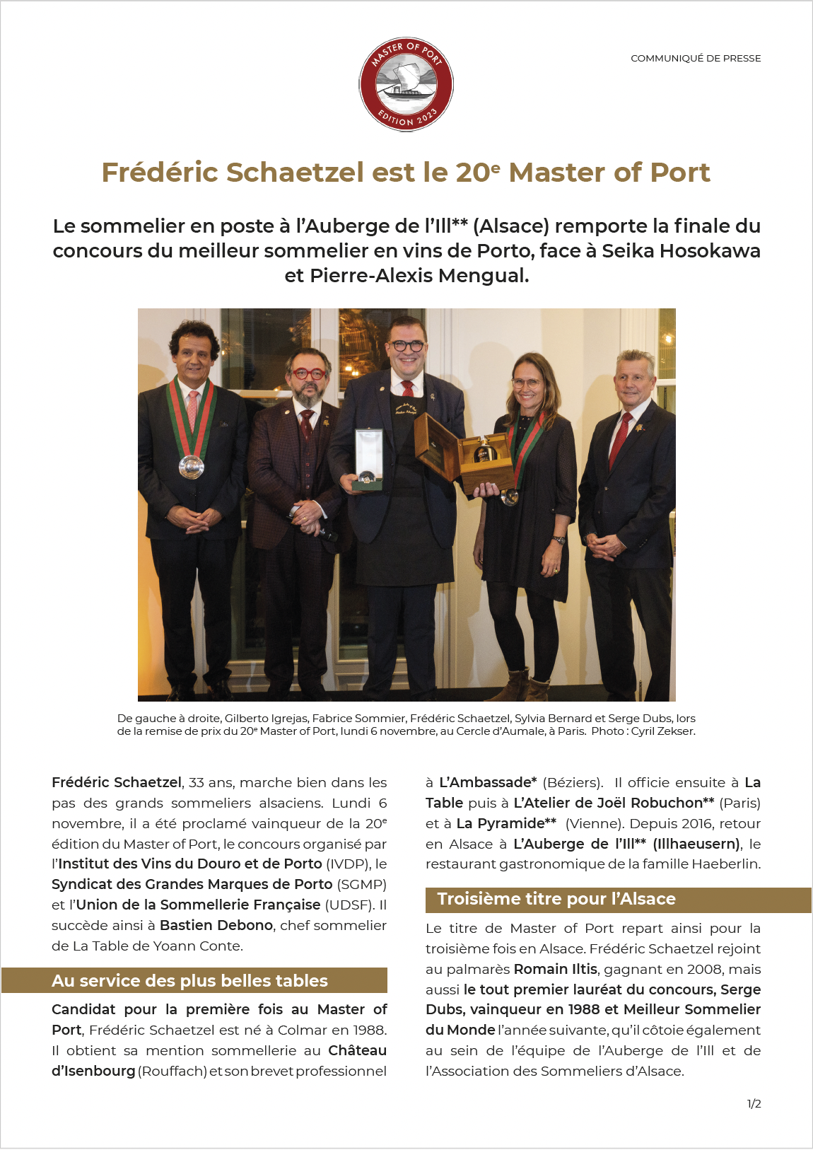 Première page du communiqué de presse de la Finale du 20ème Master of Port